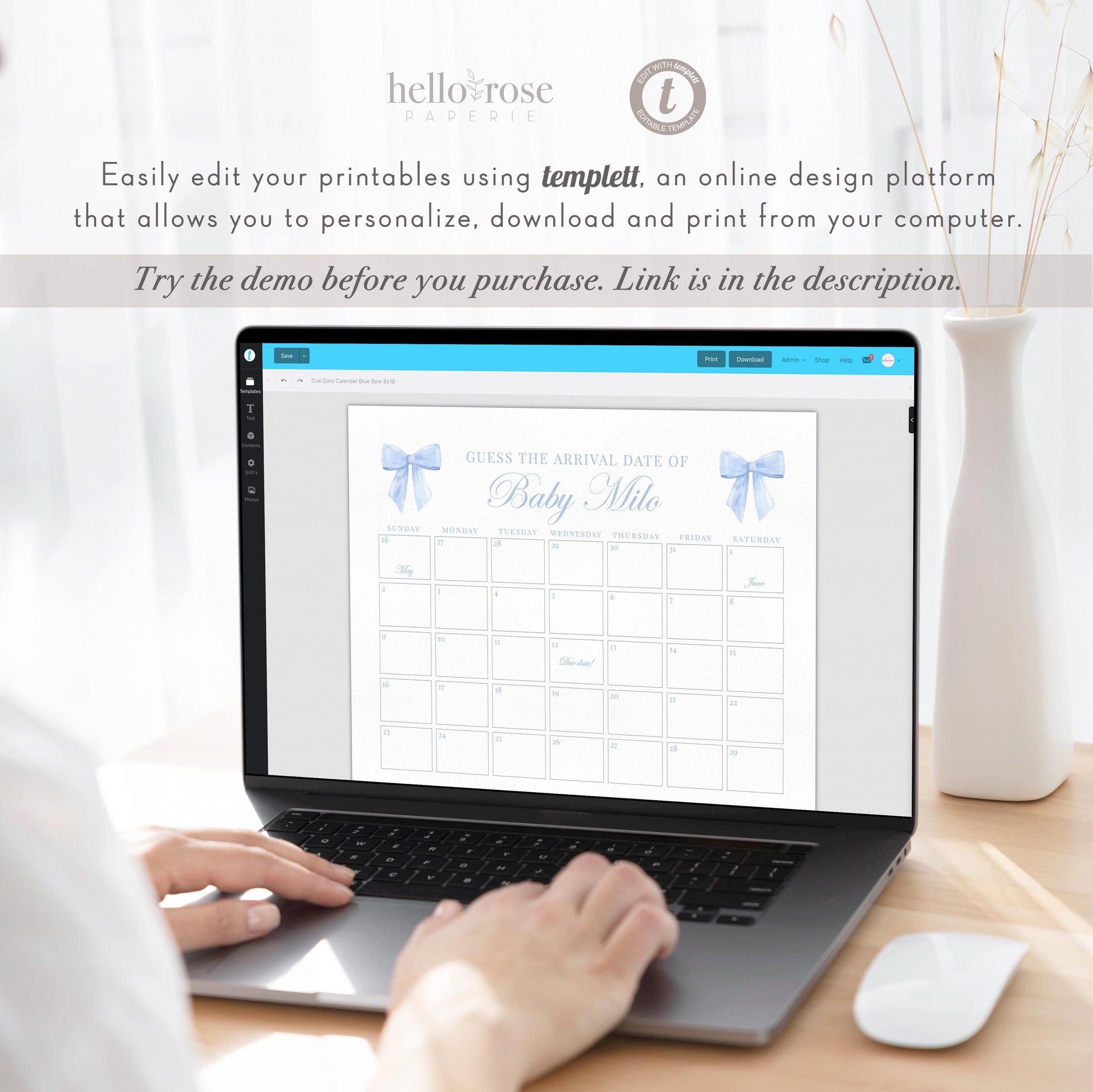 Blue Bow Guess the Due Date Calendar Boy Baby Shower Game Sign, Guess the Arrival Date, Bow Shower Decor, Template Instant Download TEMPLETT