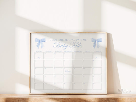 Blue Bow Guess the Due Date Calendar Boy Baby Shower Game Sign, Guess the Arrival Date, Bow Shower Decor, Template Instant Download TEMPLETT