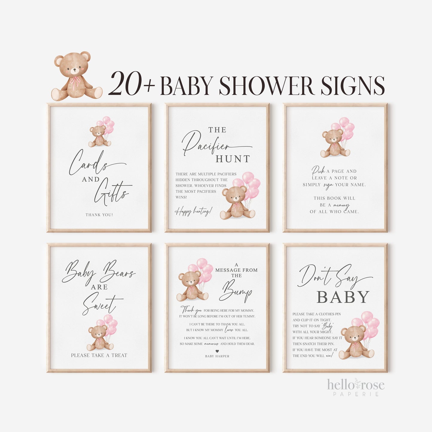 Bear Bundle of 20+ Baby Shower Signs . Teddy with Pink Balloons, Girl Baby Shower, We Can Bearly Wait, Editable Template Download Templett