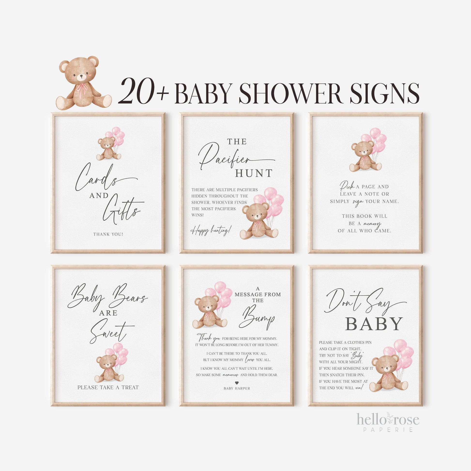 Bear Bundle of 20+ Baby Shower Signs . Teddy with Pink Balloons, Girl Baby Shower, We Can Bearly Wait, Editable Template Download Templett
