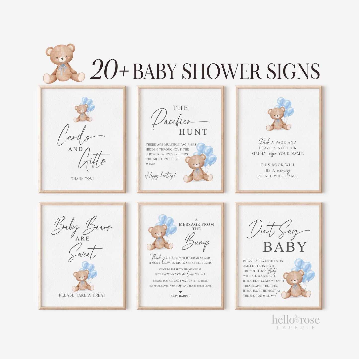 Bear Bundle of 20+ Baby Shower Signs . Teddy with Blue Balloons, Boy Baby Shower, We Can Bearly Wait, Editable Template Download Templett