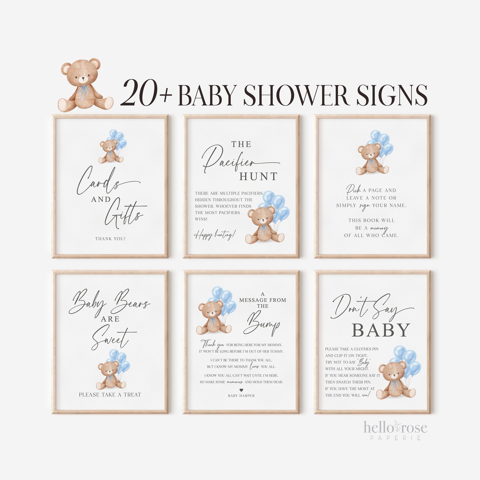 Bear Bundle of 20+ Baby Shower Signs . Teddy with Blue Balloons, Boy Baby Shower, We Can Bearly Wait, Editable Template Download Templett