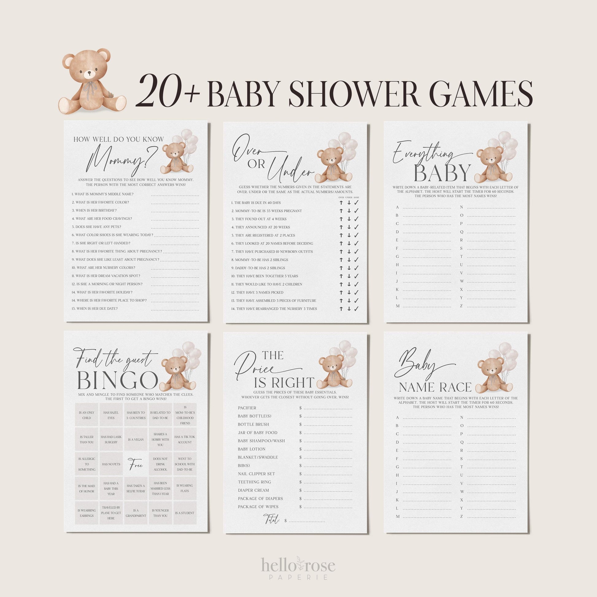 Bear Bundle of 20+ Baby Shower Games . Teddy with White Balloons, Boy Girl Sprinkle, We Can Bearly Wait, Editable Template Download Templett