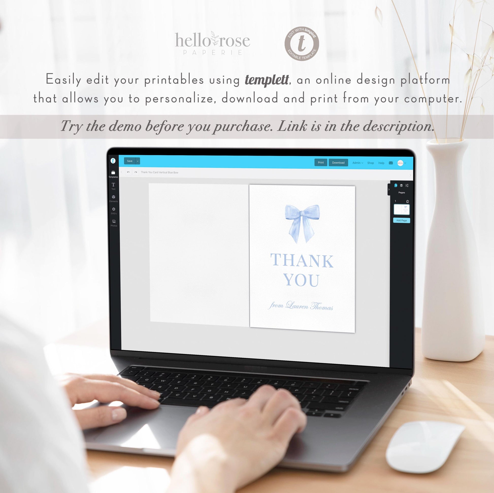 Bow Thank You Card Blue Editable Template, Bridal Baby Shower Sprinkle Gender Reveal Thank You, PRINTABLE Instant Digital Download TEMPLETT