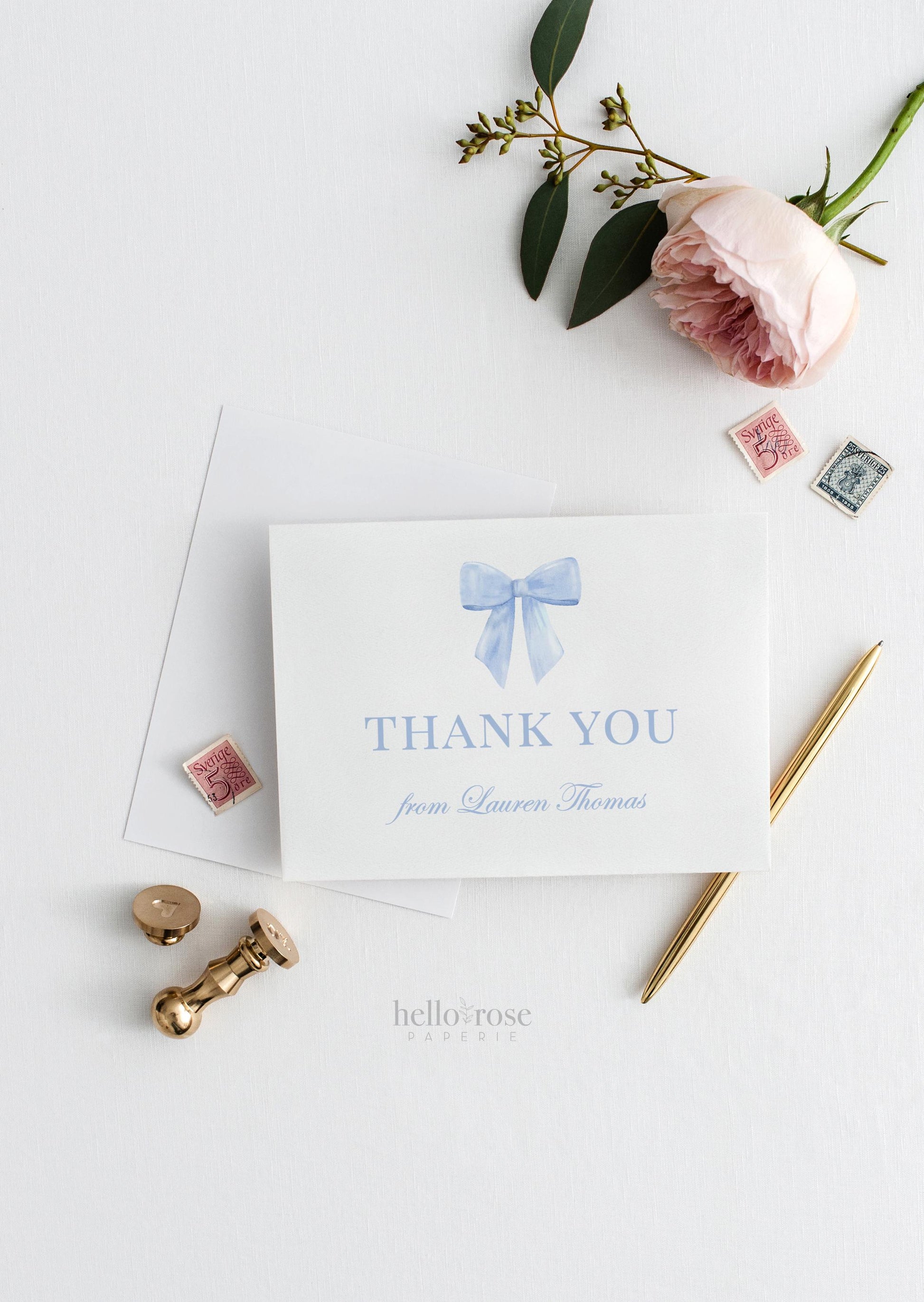 Bow Thank You Card Blue Editable Template, Bridal Baby Shower Sprinkle Gender Reveal Thank You, PRINTABLE Instant Digital Download TEMPLETT