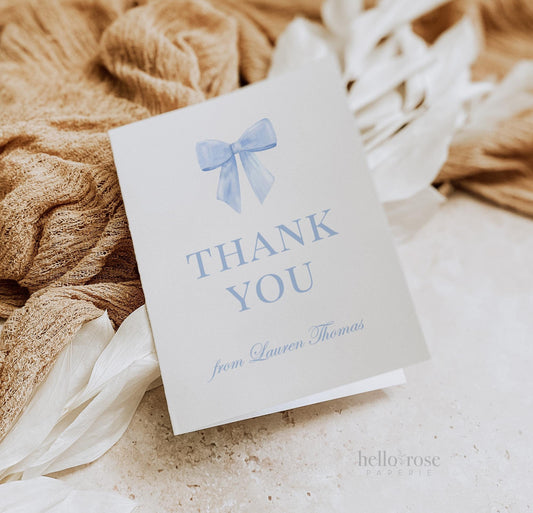 Bow Thank You Card Blue Editable Template, Bridal Baby Shower Sprinkle Gender Reveal Thank You, PRINTABLE Instant Digital Download TEMPLETT