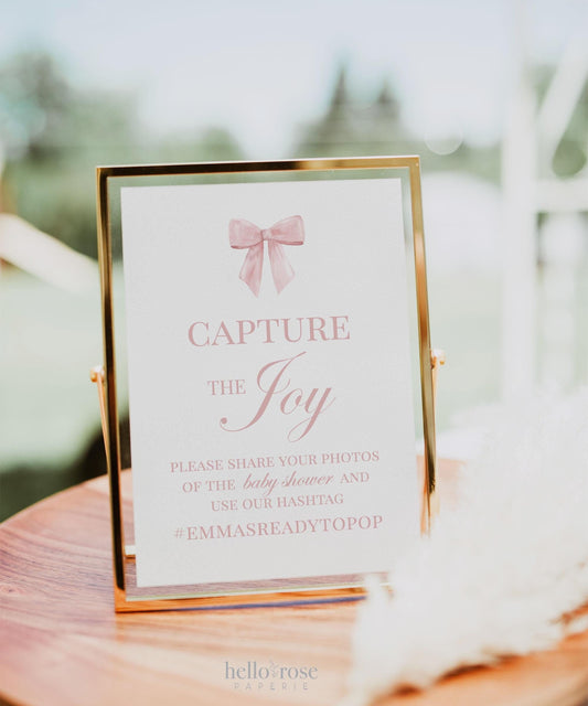Capture the Joy Photo Hashtag Sign, Pink Bow Girl Baby Shower Sprinkle First Birthday Bridal Shower, Editable Template Download TEMPLETT