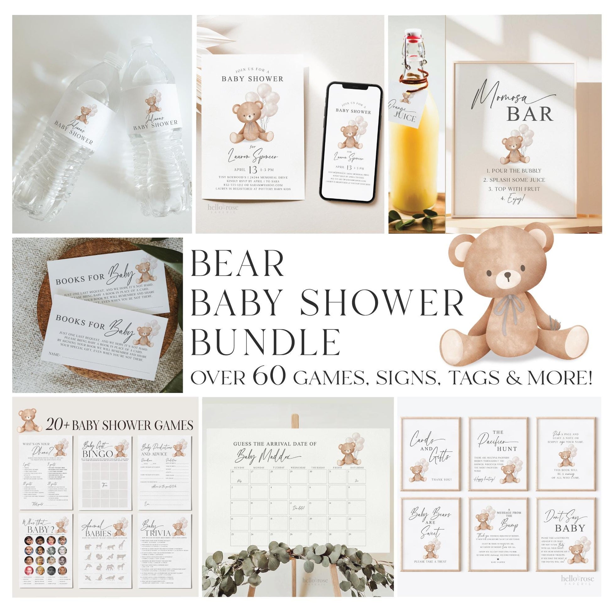 Bear with White Balloons Baby Shower Bundle of 60+ Games, Signs, Tags, Labels, Printable Editable Template Instant Download Templett