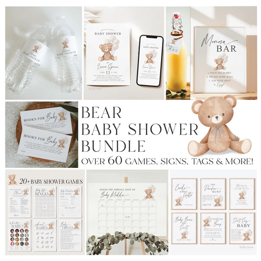 Bear with White Balloons Baby Shower Bundle of 60+ Games, Signs, Tags, Labels, Printable Editable Template Instant Download Templett