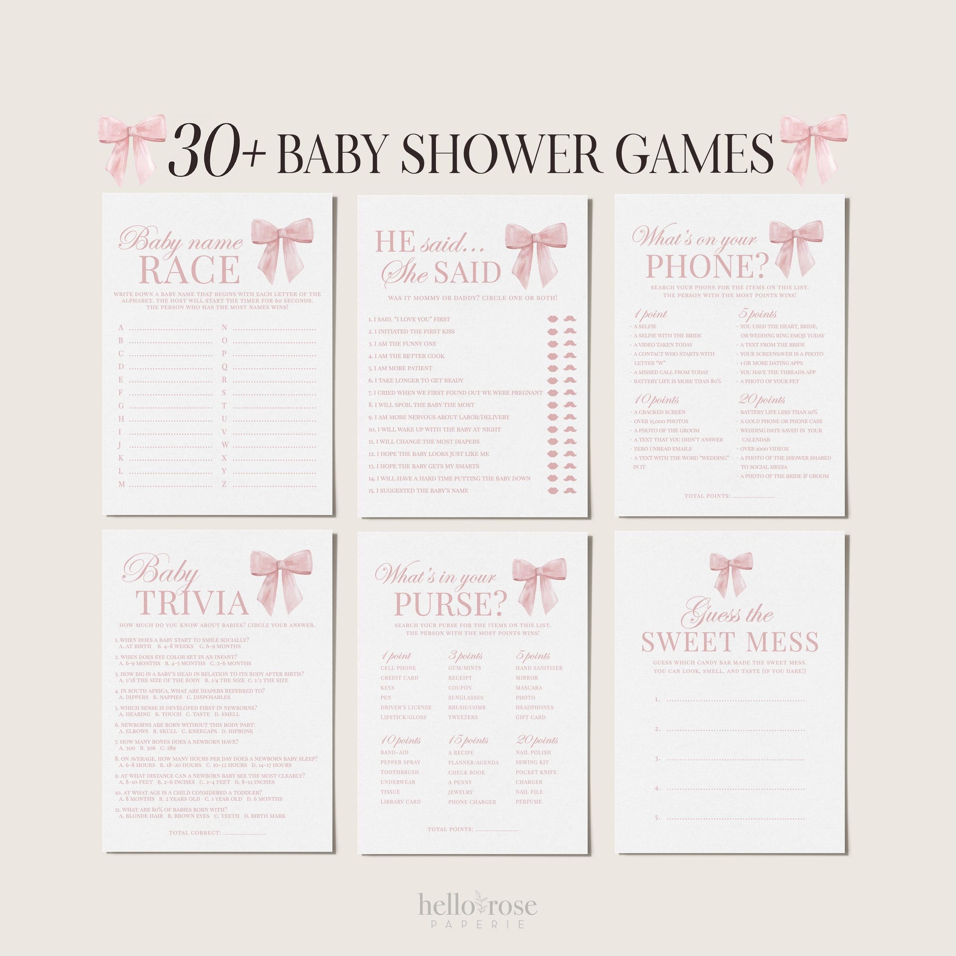 Pink Bow Baby Shower Bundle of 30+ Baby Shower Games, Girl Baby Shower Sprinkle, Bow Theme, Editable Template Download Templett