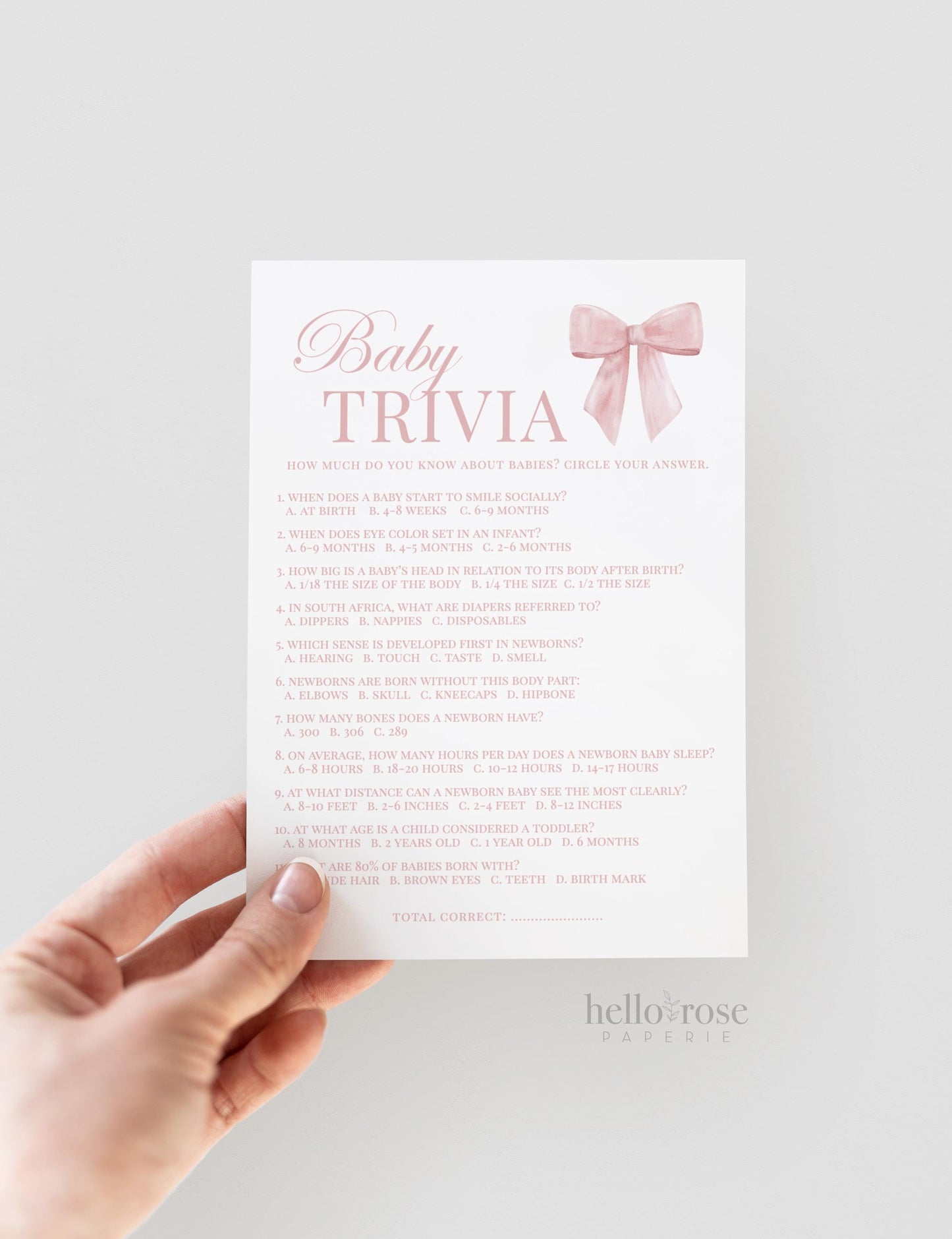 Baby Trivia Baby Shower Pink Bow, Baby Girl Game Cards, Girl Baby Shower Sprinkle, Printable Editable Template Digital Download TEMPLETT