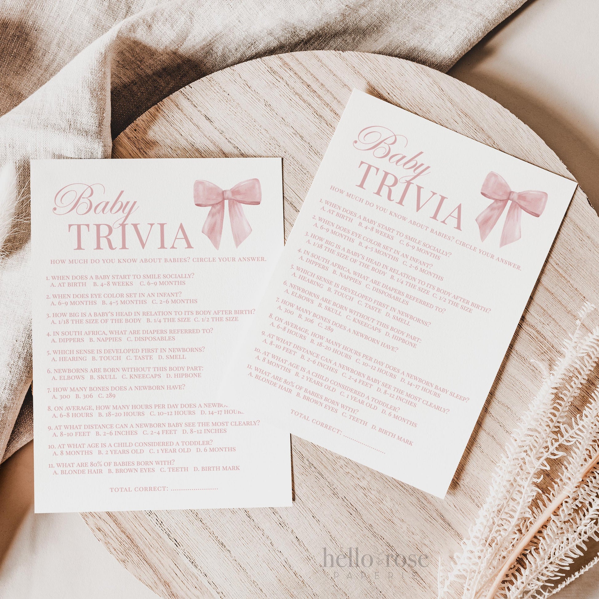 Baby Trivia Baby Shower Pink Bow, Baby Girl Game Cards, Girl Baby Shower Sprinkle, Printable Editable Template Digital Download TEMPLETT