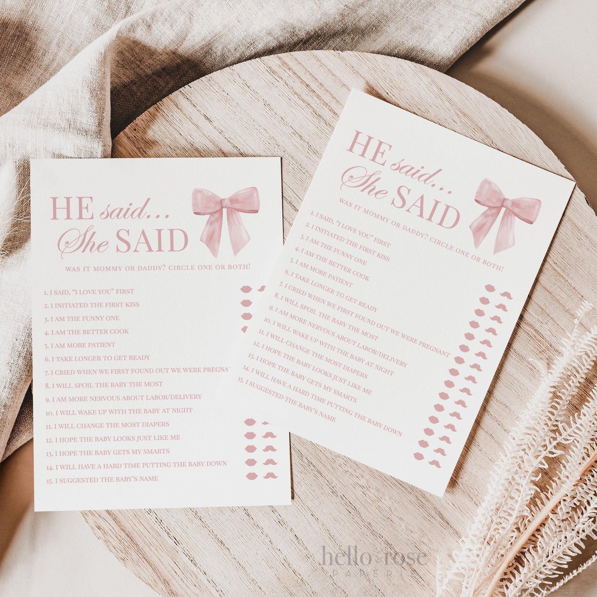 He Said She Said Who Said It Pink Bow Baby Shower Game, Girl Baby Sprinkle, Printable Editable Template Instant Digital Download TEMPLETT