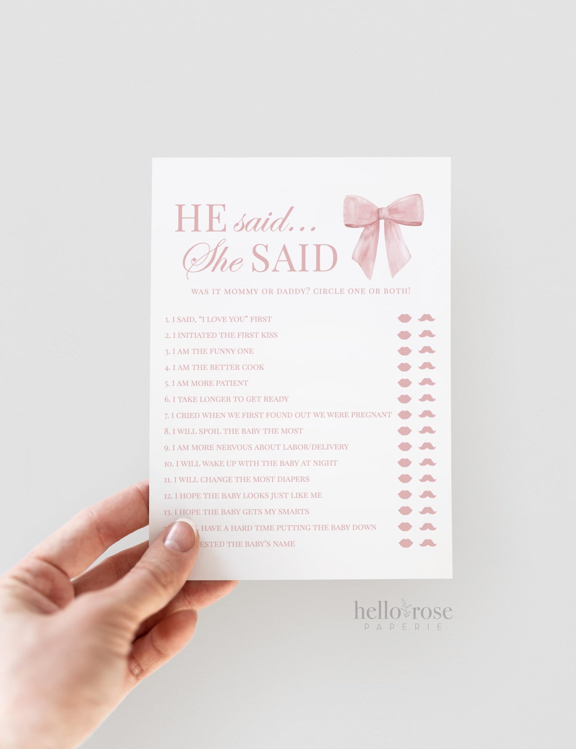 He Said She Said Who Said It Pink Bow Baby Shower Game, Girl Baby Sprinkle, Printable Editable Template Instant Digital Download TEMPLETT