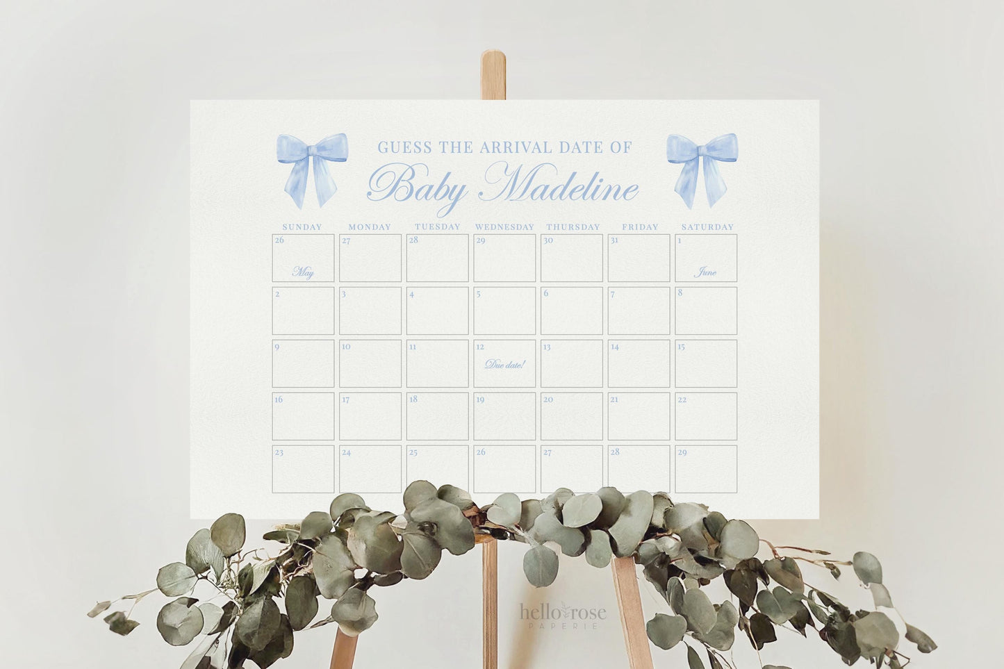 Blue Bow Guess the Due Date Calendar Boy Baby Shower Game Sign, Guess the Arrival Date, Bow Shower Decor, Template Instant Download TEMPLETT