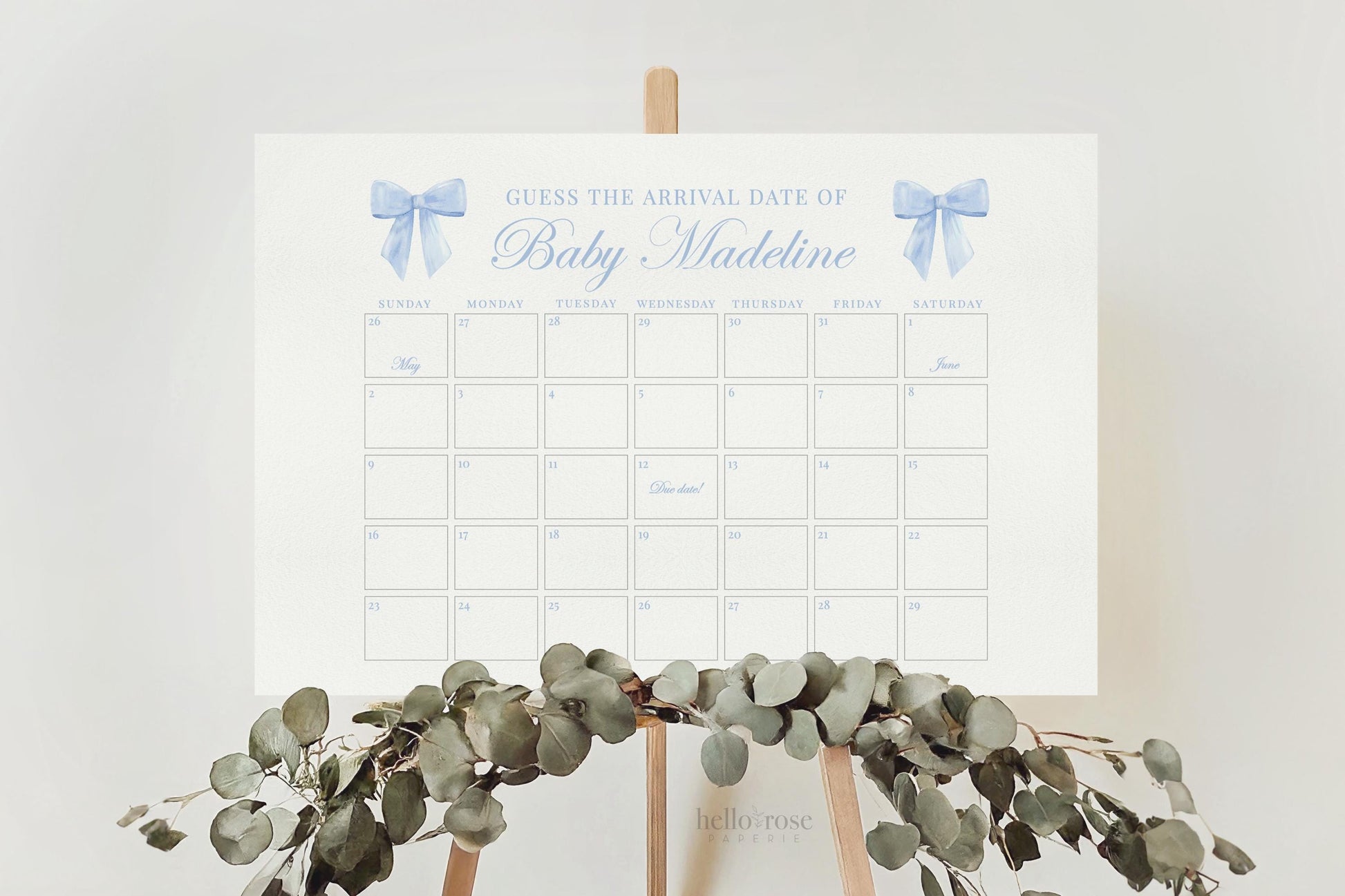 Blue Bow Guess the Due Date Calendar Boy Baby Shower Game Sign, Guess the Arrival Date, Bow Shower Decor, Template Instant Download TEMPLETT
