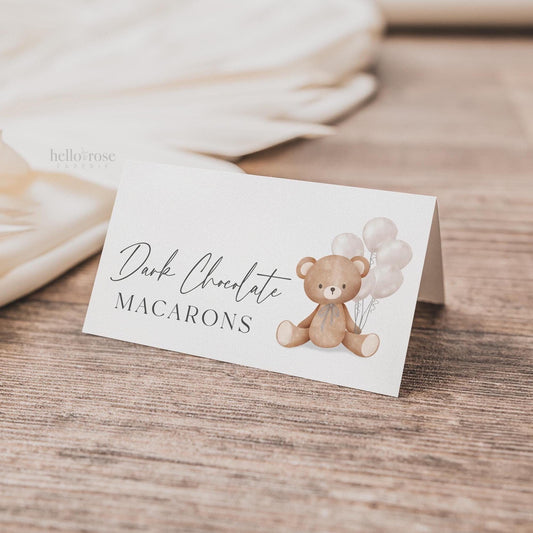Bear Food Tent Place Card, Food Buffet Table Tent Card, Baby Shower Sprinkle, White Balloons, PRINTABLE Editable Template Download TEMPLETT