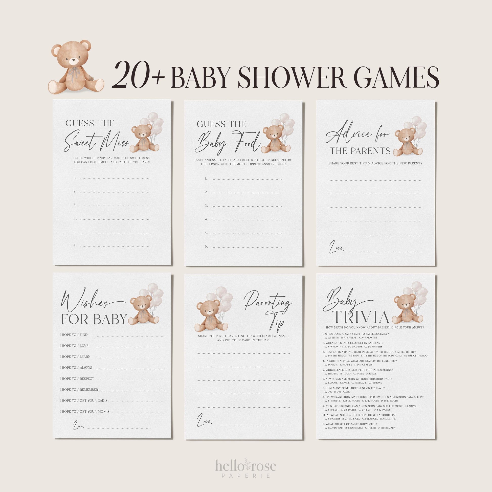 Bear Bundle of 20+ Baby Shower Games . Teddy with White Balloons, Boy Girl Sprinkle, We Can Bearly Wait, Editable Template Download Templett