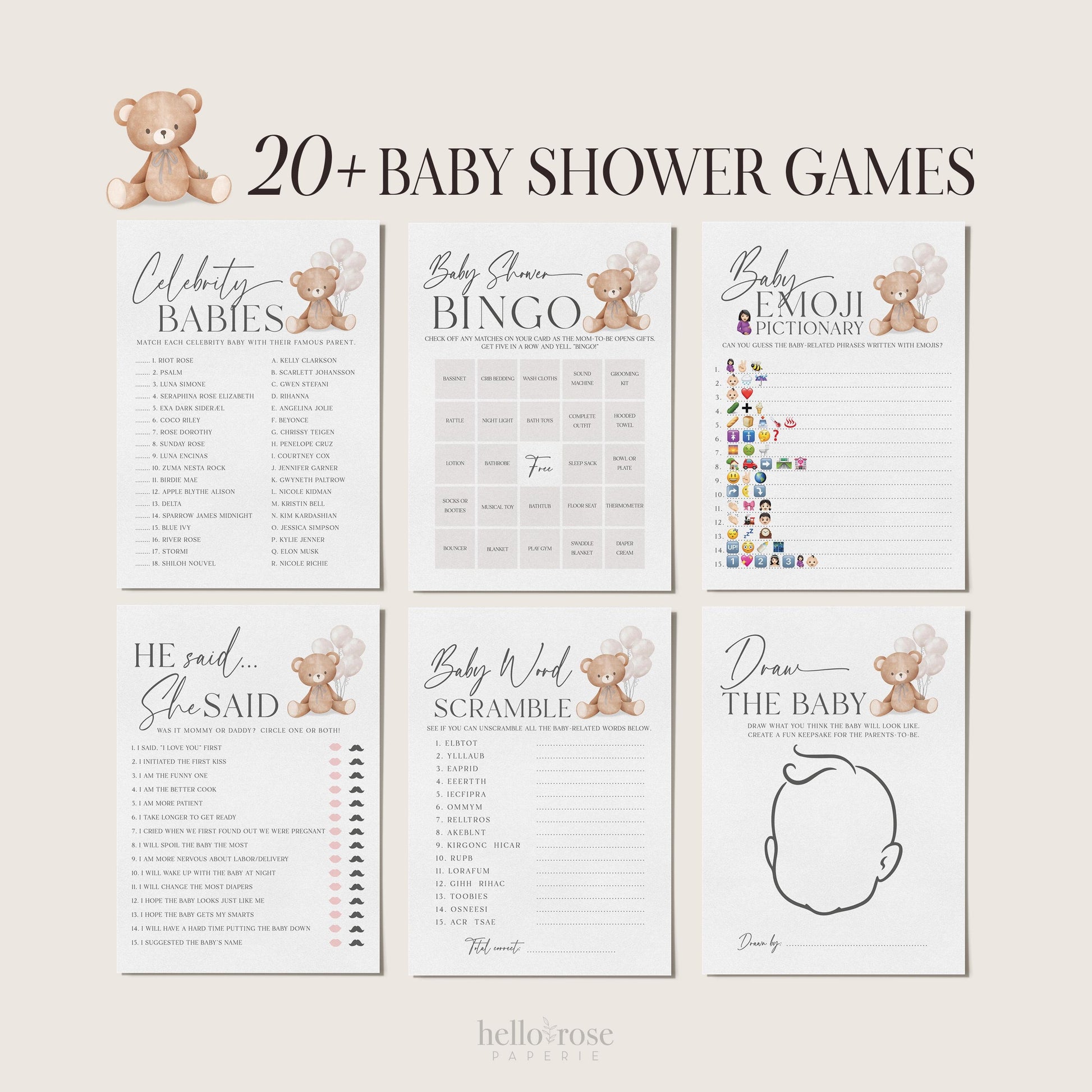 Bear Bundle of 20+ Baby Shower Games . Teddy with White Balloons, Boy Girl Sprinkle, We Can Bearly Wait, Editable Template Download Templett