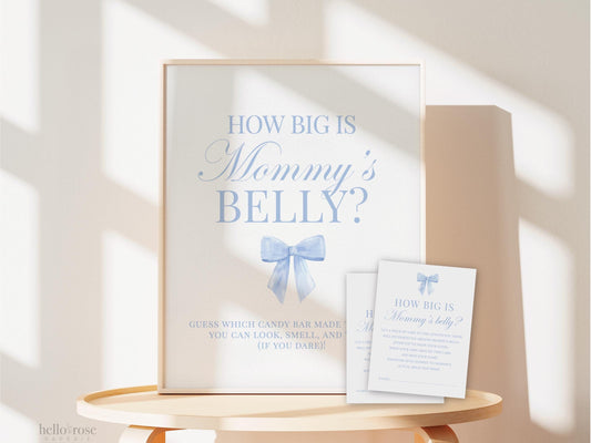 How Big is Mommy's Belly Blue Bow Baby Shower Game, Guess the Belly Size String Game, Boy Baby, Editable Template Digital Download TEMPLETT