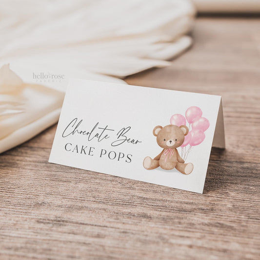 Bear Food Tent Place Card, Food Buffet Table Tent Card, Girl Baby Shower Sprinkle, Pink Balloons, PRINTABLE Editable Template TEMPLETT