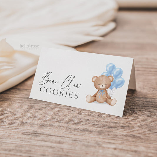 Bear Food Tent Place Card, Food Buffet Table Tent Card, Boy Baby Shower Sprinkle, Blue Balloons, PRINTABLE Editable Template TEMPLETT