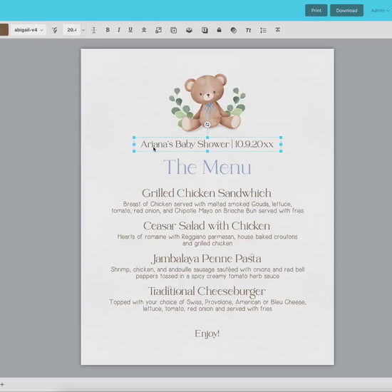 Food Label Card . Foldable Buffet Cupcakes Tent Card . Teddy Bear Baby Shower Blue Boy . PRINTABLE Editable Templett Instant Download . B1-T