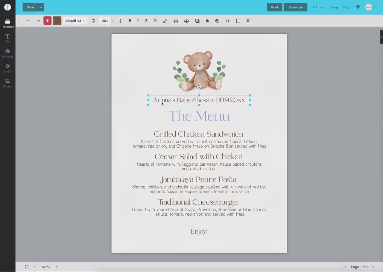 Food Label Card . Foldable Buffet Cupcakes Tent Card . Teddy Bear Baby Shower Blue Boy . PRINTABLE Editable Templett Instant Download . B1-T