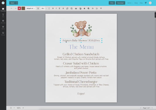 Food Label Card . Foldable Buffet Cupcakes Tent Card . Teddy Bear Baby Shower Blue Boy . PRINTABLE Editable Templett Instant Download . B1-T