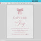Capture the Joy Photo Hashtag Sign, Pink Bow Girl Baby Shower Sprinkle First Birthday Bridal Shower, Editable Template Download TEMPLETT