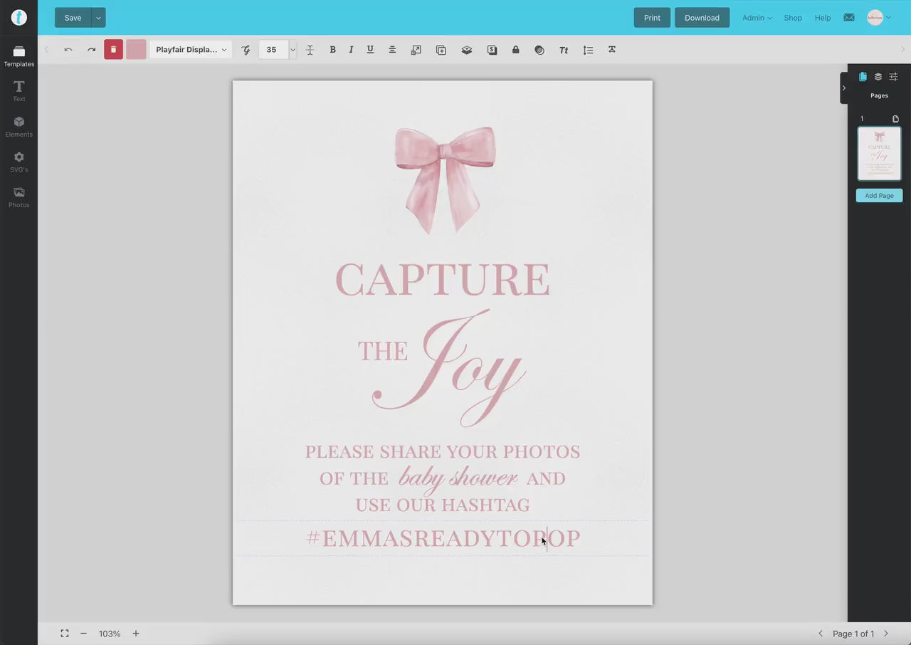 Capture the Joy Photo Hashtag Sign, Pink Bow Girl Baby Shower Sprinkle First Birthday Bridal Shower, Editable Template Download TEMPLETT
