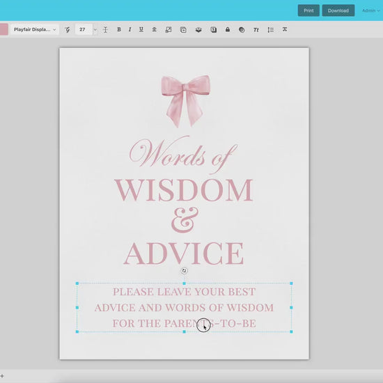 Advice and Words of Wisdom Sign, Pink Bow Girl Baby Shower Sprinkle, Well Wishes for Baby Mom Parents, Editable Template Download TEMPLETT