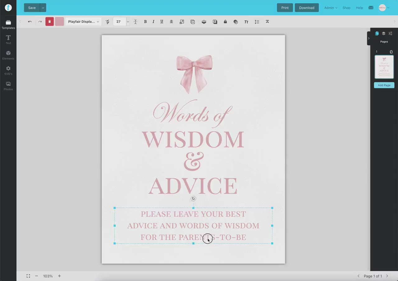 Advice and Words of Wisdom Sign, Pink Bow Girl Baby Shower Sprinkle, Well Wishes for Baby Mom Parents, Editable Template Download TEMPLETT