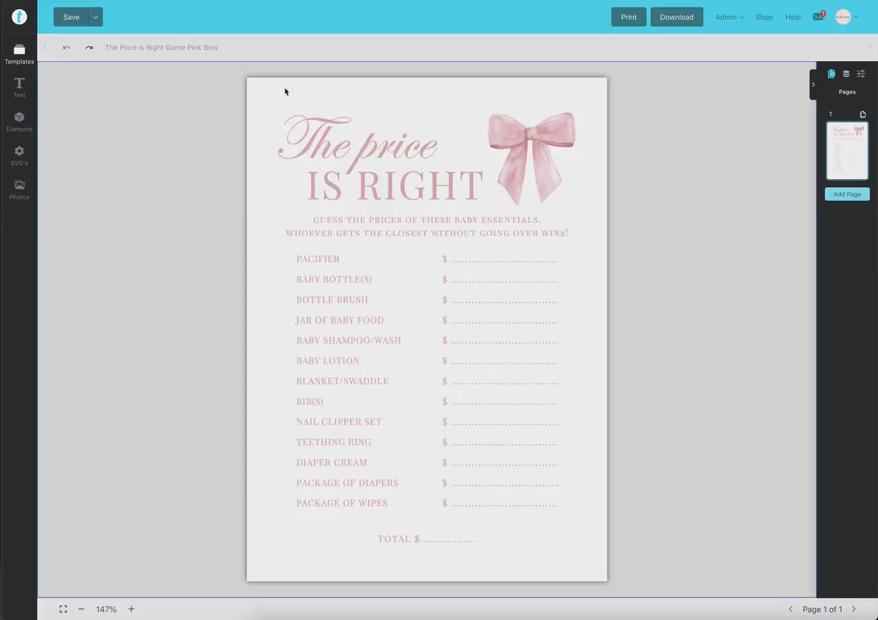 The Price is Right Pink Bow Baby Shower Game, Girl Baby Sprinkle Game, Printable Editable Template Instant Digital Download TEMPLETT