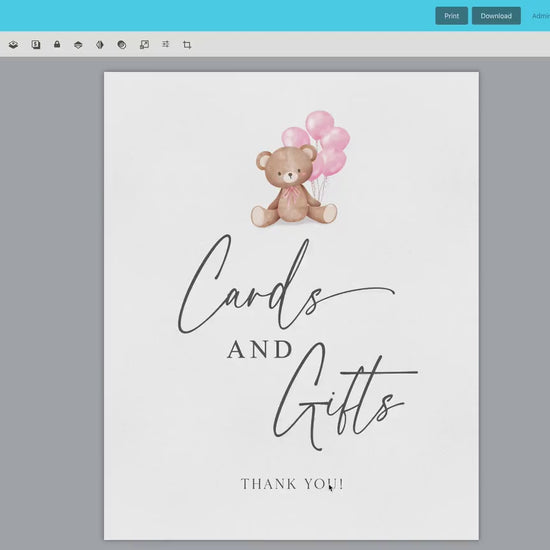Cards and Gifts Baby Shower Sign, Teddy Bear with Pink Balloons, Girl Baby Shower, Baby Sprinkle,  We Can Bearly Wait, Template Download