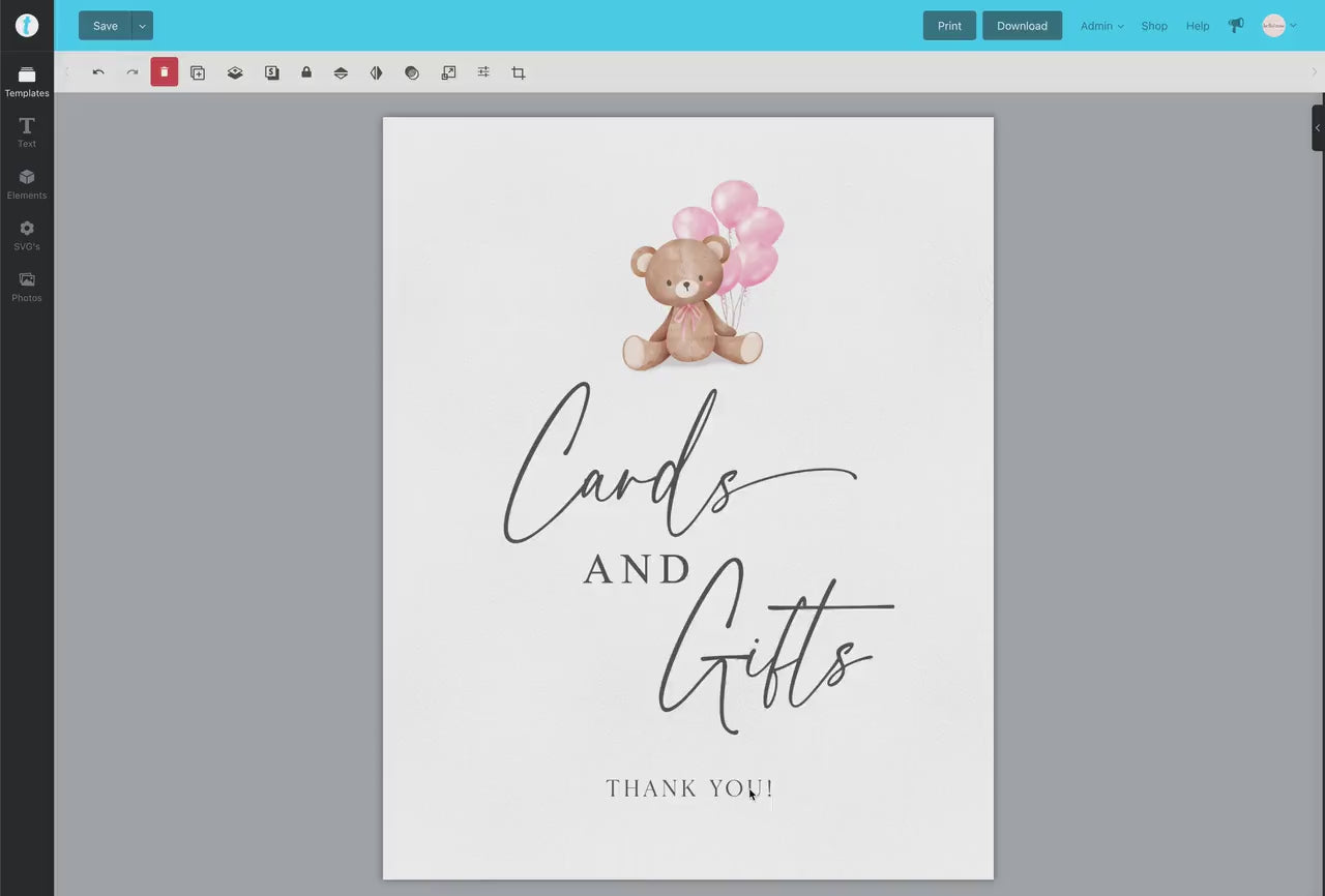 Cards and Gifts Baby Shower Sign, Teddy Bear with Pink Balloons, Girl Baby Shower, Baby Sprinkle,  We Can Bearly Wait, Template Download