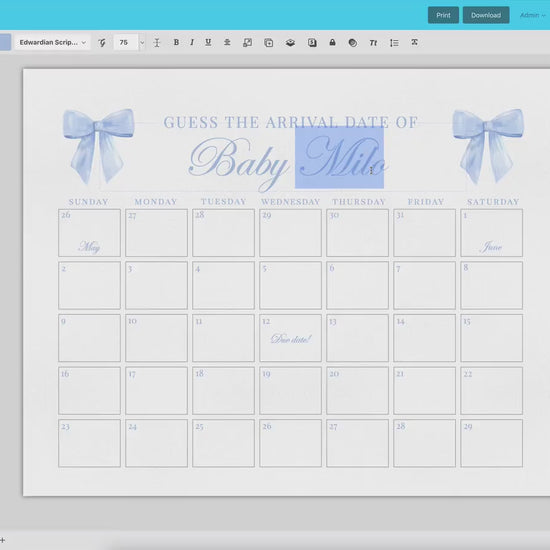 Blue Bow Guess the Due Date Calendar Boy Baby Shower Game Sign, Guess the Arrival Date, Bow Shower Decor, Template Instant Download TEMPLETT