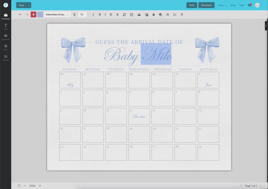 Blue Bow Guess the Due Date Calendar Boy Baby Shower Game Sign, Guess the Arrival Date, Bow Shower Decor, Template Instant Download TEMPLETT