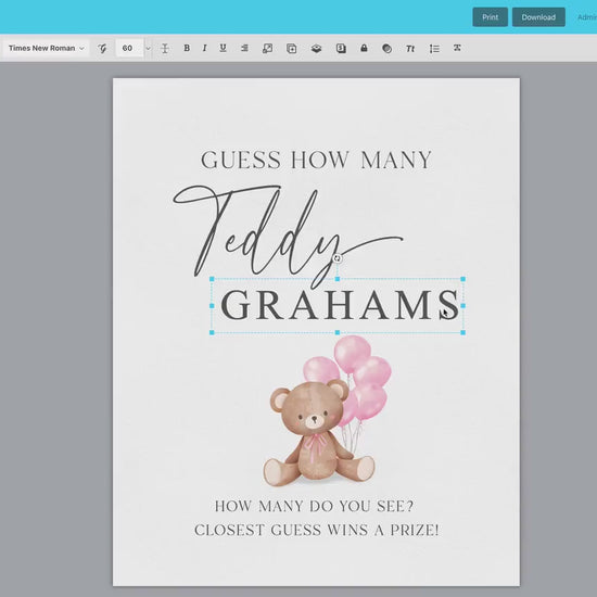 Guess How Many Teddy Grahams Baby Shower Game, Teddy Bear Girl with Pink Balloons, Baby Sprinkle,  We Can Bearly Wait, Template Download
