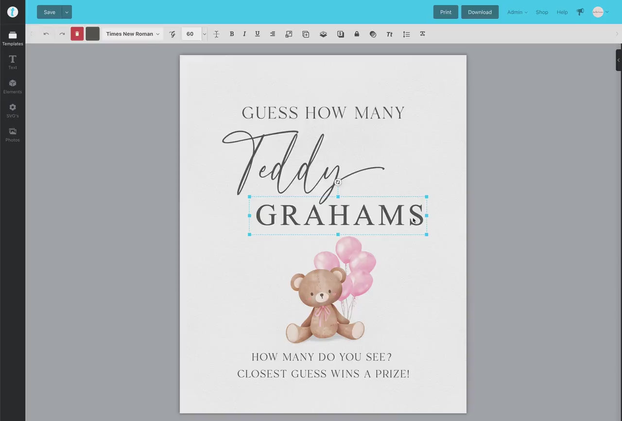 Guess How Many Teddy Grahams Baby Shower Game, Teddy Bear Girl with Pink Balloons, Baby Sprinkle,  We Can Bearly Wait, Template Download