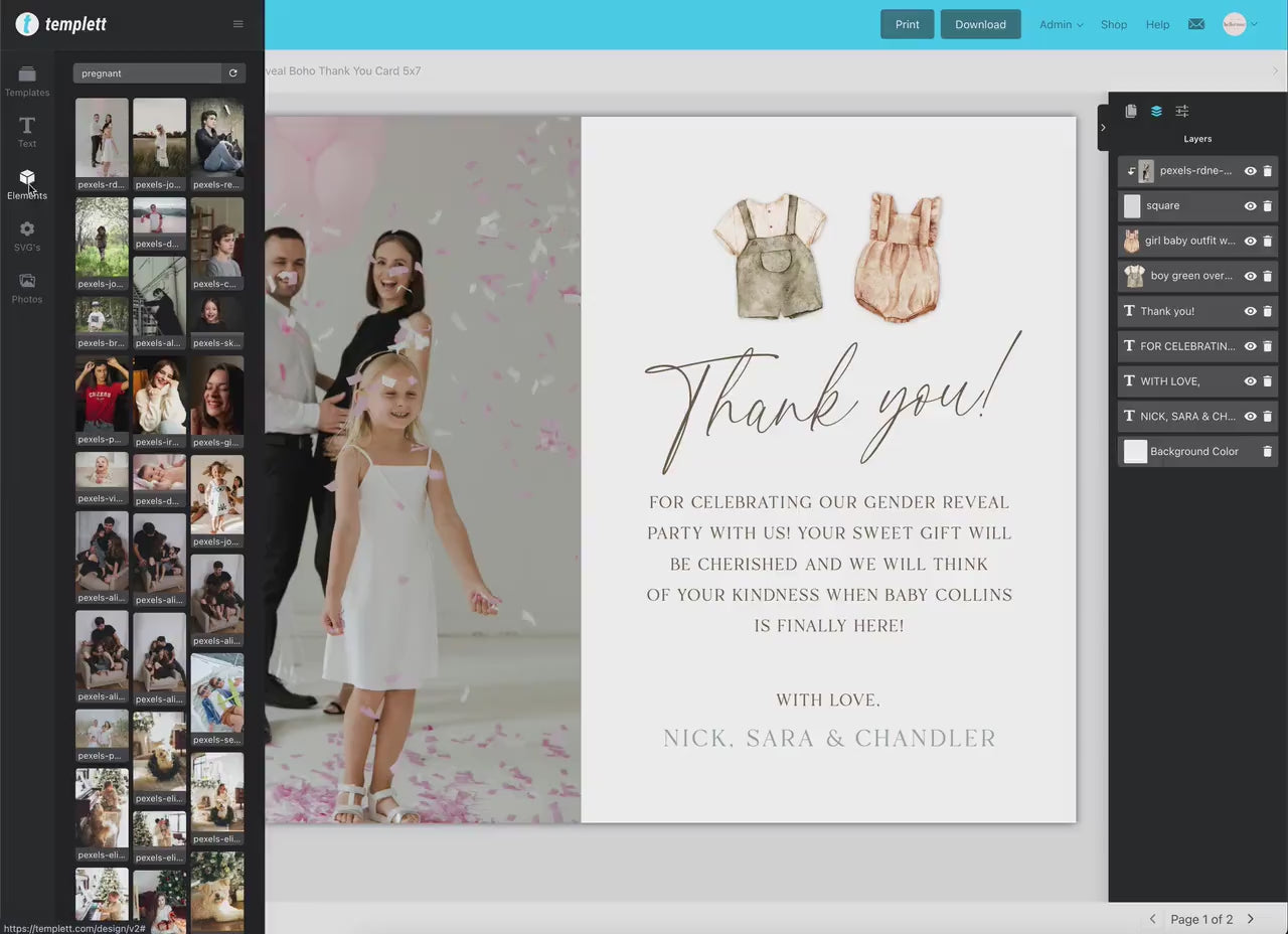 Gender Reveal Thank You Card with Photo, Boho Minimalist Baby Shower, Gender Neutral, PRINTABLE Template Templett Instant Download GR2-T