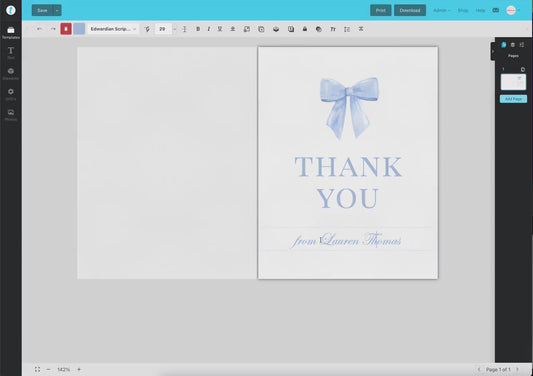 Bow Thank You Card Blue Editable Template, Bridal Baby Shower Sprinkle Gender Reveal Thank You,  PRINTABLE Instant Digital Download TEMPLETT