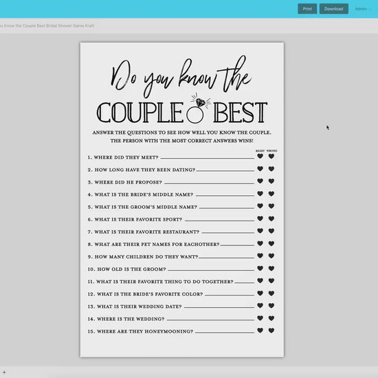 Do You Know the Couple Best PRINTABLE Bridal Shower Game . Couples Shower Game . Kraft + Minimalist . Editable Template Download Templett