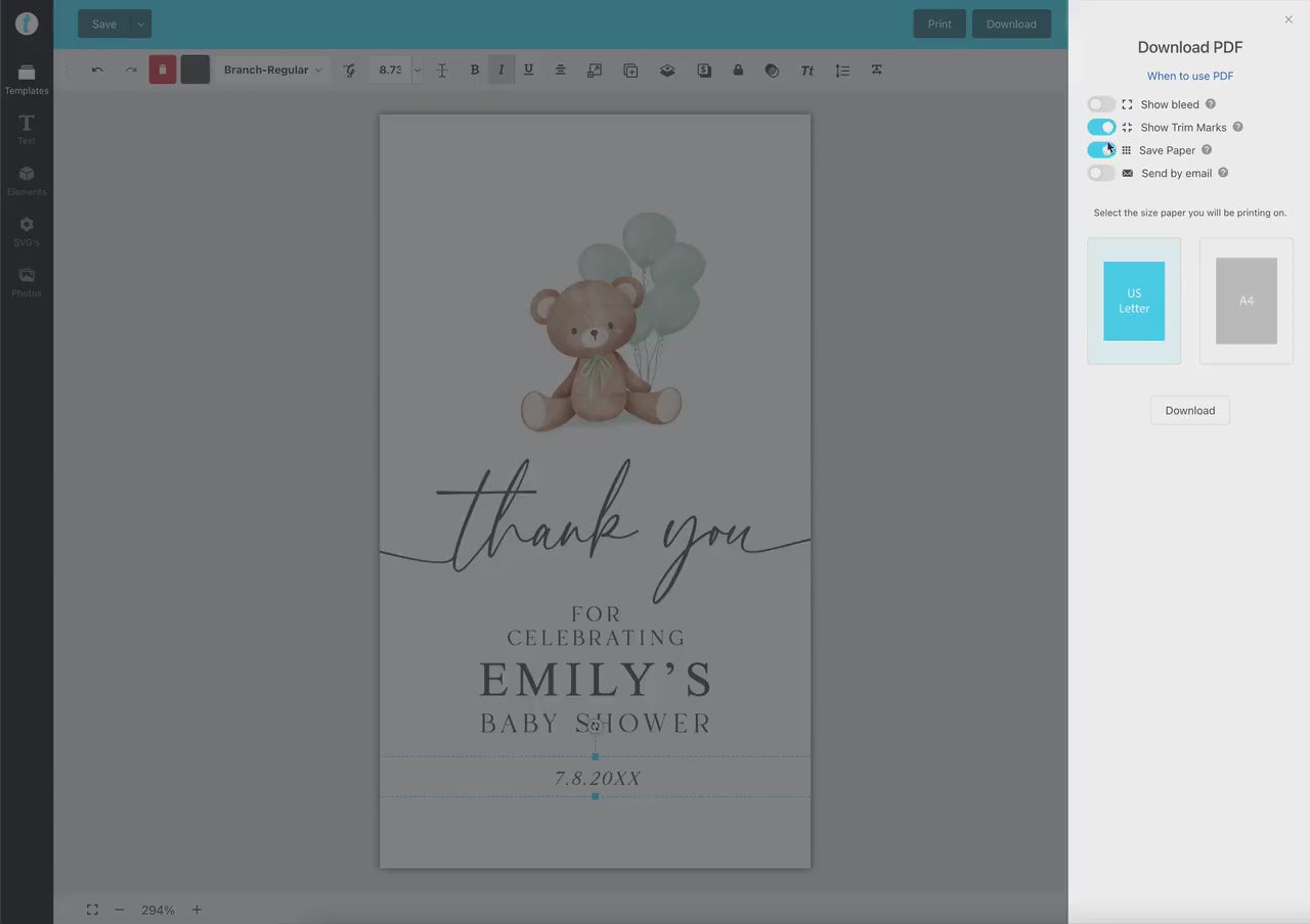 Bear Baby Shower Thank You Favor Tags Template . Sage Green Balloons Tag Sticker Label . Personalized Editable PRINTABLE Templett Download