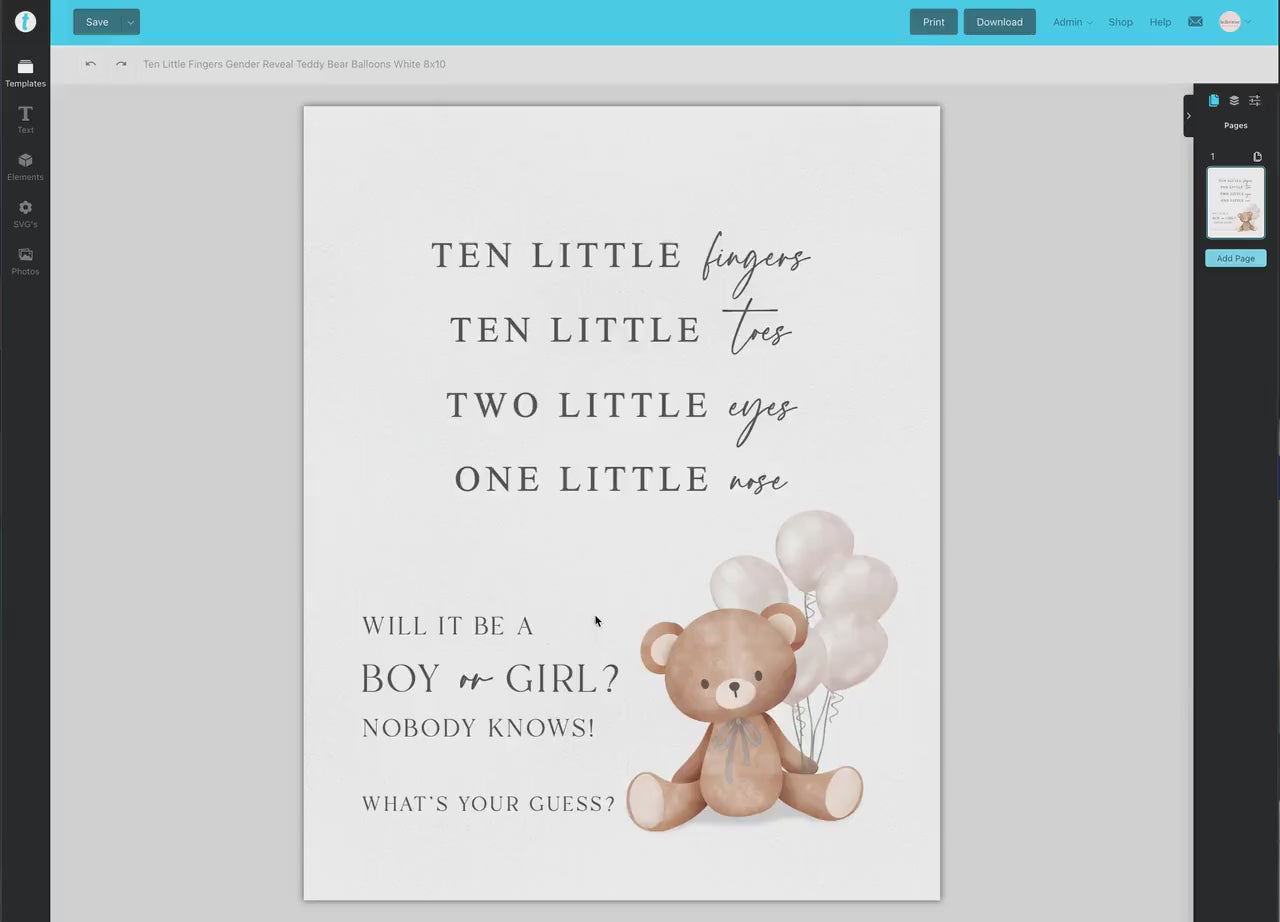 Gender Reveal Ten Little Fingers Toes Sign, What Will Baby Be, Bear with White Balloons, Boy Girl Baby Shower, Template Download Templett
