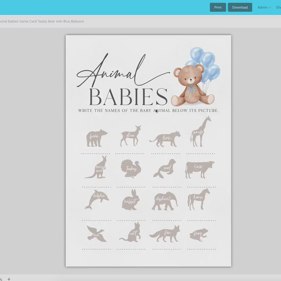 Animal Babies Baby Shower Game, Bear with Blue Bow Balloons, Boy Teddy Bear, We Can Bearly Wait, Editable Template Download TEMPLETT