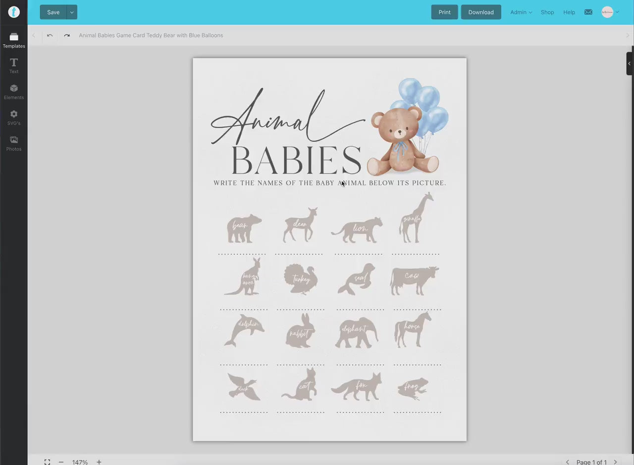 Animal Babies Baby Shower Game, Bear with Blue Bow Balloons, Boy Teddy Bear, We Can Bearly Wait, Editable Template Download TEMPLETT