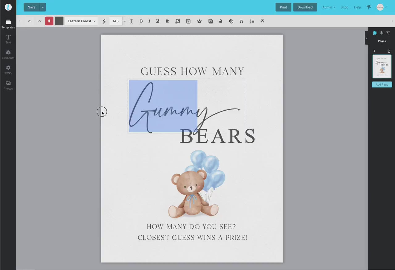 Bear Bundle of 20+ Baby Shower Games . Teddy with Blue Balloons, Boy Baby Shower, We Can Bearly Wait, Editable Template Download Templett