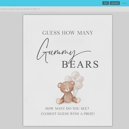 Guess How Many Gummy Bears Baby Shower Game, Teddy Bear with White Balloons, Girl Boy Shower, Baby Sprinkle, Template Download Templett