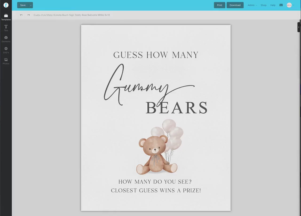 Guess How Many Gummy Bears Baby Shower Game, Teddy Bear with White Balloons, Girl Boy Shower, Baby Sprinkle, Template Download Templett